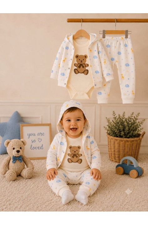 Бебешки Памучен Комплект от 3 Части "Teddy Bear", Бял Цвят