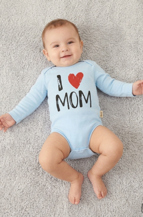 Бебешко памучно боди „I Love Mom“, Светлосин Цвят