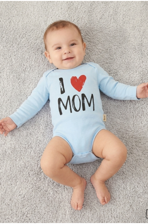Бебешко памучно боди „I Love Mom“, Светлосин Цвят