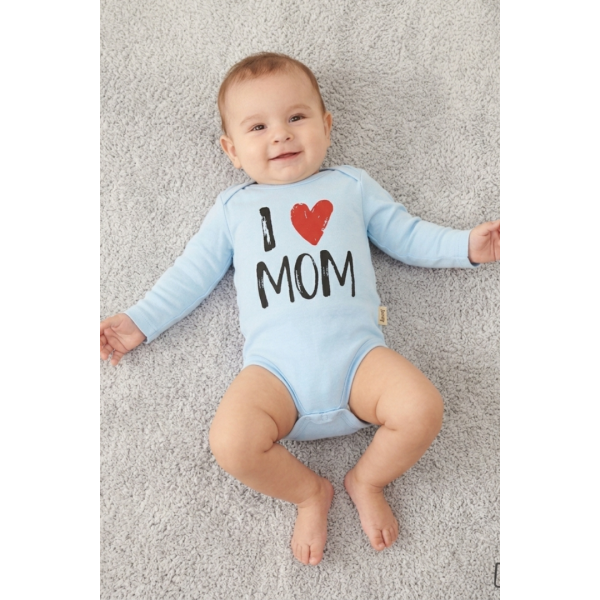 Бебешко памучно боди „I Love Mom“, Светлосин Цвят