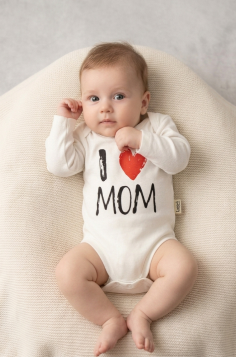 Бебешко памучно боди „I Love Mom“, Бял Цвят