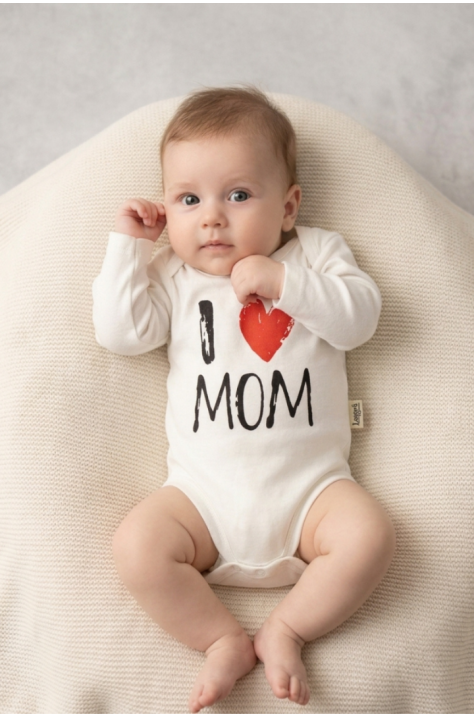 Бебешко памучно боди „I Love Mom“, Бял Цвят
