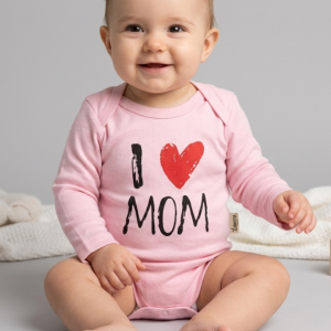 Бебешко памучно боди „I Love Mom“, Розов Цвят