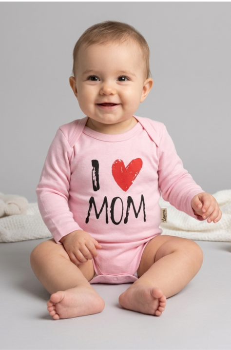 Бебешко памучно боди „I Love Mom“, Розов Цвят