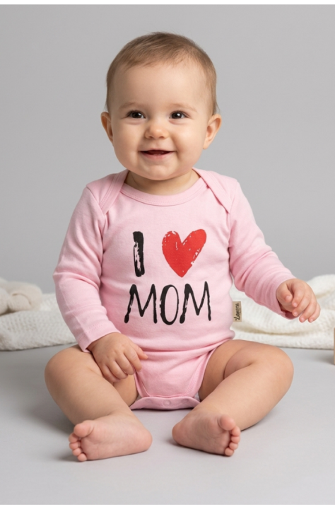 Бебешко памучно боди „I Love Mom“, Розов Цвят