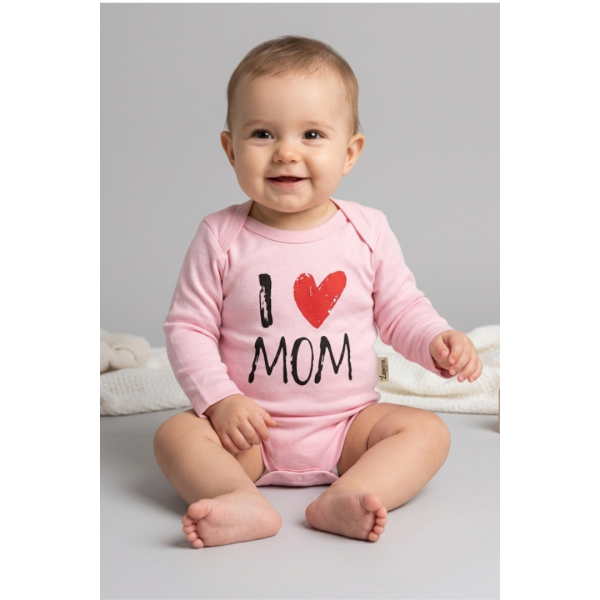 Бебешко памучно боди „I Love Mom“, Розов Цвят