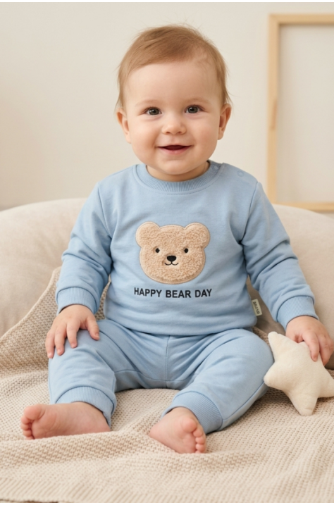 Бебешки памучен комплект "Happy Bear Day:" , Светлосин Цвят
