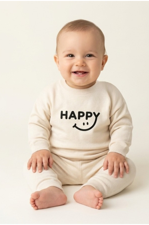 Бебешки памучен комплект от 2 части „HAPPY“, Бежов Цвят Бебешки памучен комплект от 2 части „HAPPY“, Бежов Цвят