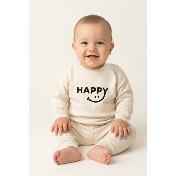 Бебешки памучен комплект от 2 части „HAPPY“, Бежов Цвят