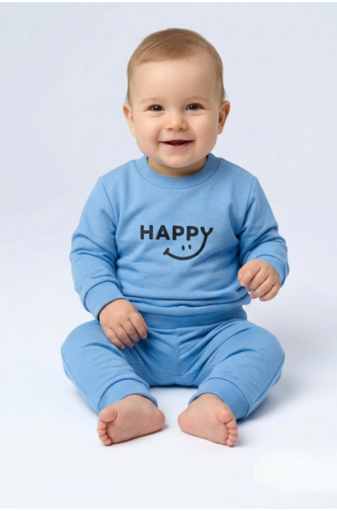 Бебешки памучен комплект от 2 части „HAPPY“, Син Цвят Бебешки памучен комплект от 2 части „HAPPY“, Син Цвят