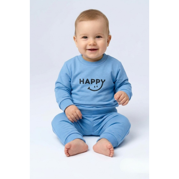 Бебешки памучен комплект от 2 части „HAPPY“, Син Цвят